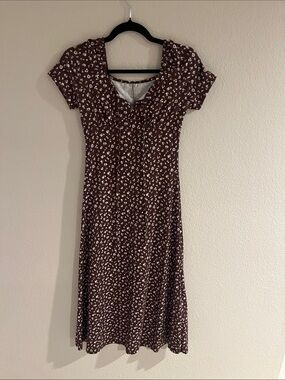 SHEIN Brown Floral Midi Dress with White Print